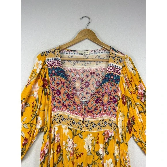 Boho Cottagecore Umgee Womens XL Mustard Yellow Floral Mixed Print Mini Dress - Picture 8 of 10